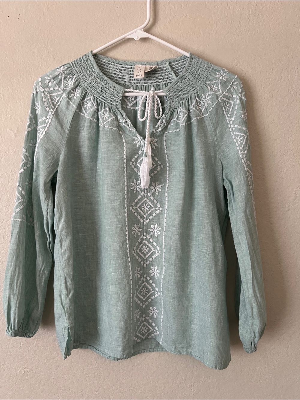 EUC JOIE 100% Linen Top Embroidery Light Green/White Size XS